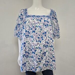 Talbots Square Neck Short Puff Sleeve Top Blouse Floral Bird Print Boho Size 2X